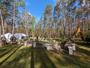 Ekshumacje szczątków ofiar masowych egzekucji przeprowadzonych przez funkcjonariuszy niemieckich w lutym 1940 roku w ,,Lasach Dąbrowickich”. Fot. IPN