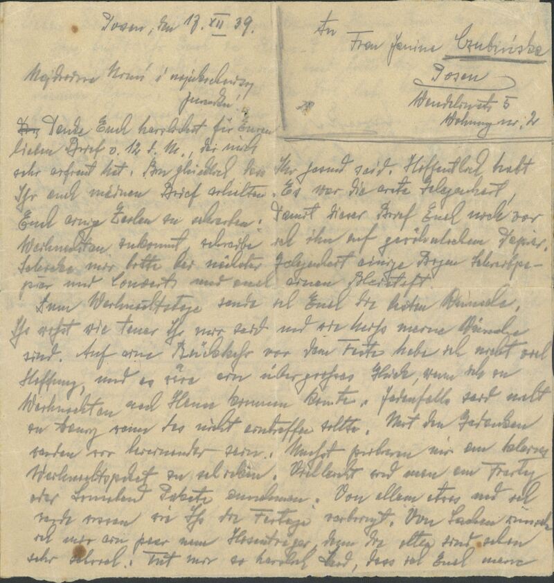 IPN Po 1358/16: list z grudnia 1939 r. z Fortu VII od Zdzisława Czubińskiego do żony Janiny Czubińskiej