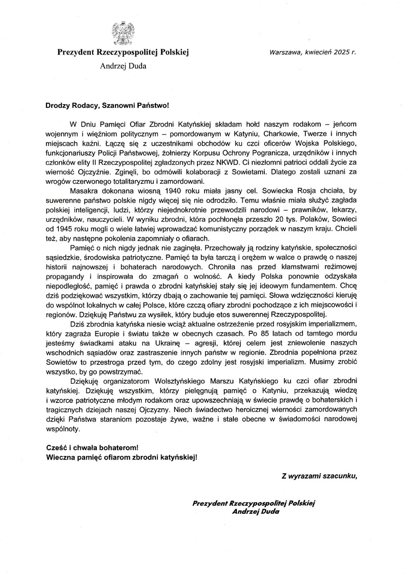 List Prezydenta RP Andrzeja Dudy