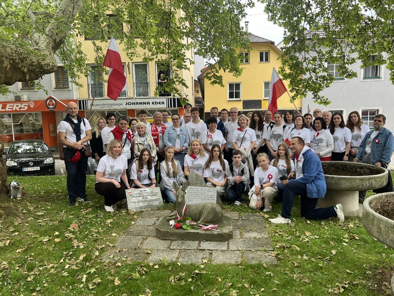 Rynek w miasteczku Mauthausen, gdzie znajduje się rzeźba sarenki wykonana przez Stanisława Krzekotowskiego.