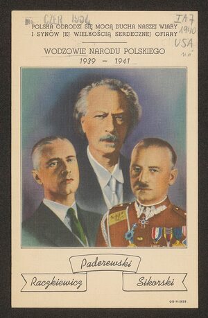 Raczkiewicz, Paderewski, Sikorski, pocztówka patriotyczna kolportowana w kręgach emigracyjnych, 1939-1941, ze zbiorów Polona