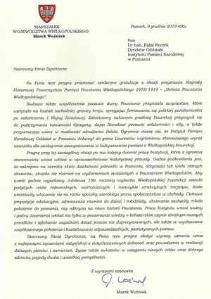 List gratulacyjny Marszałka Województwa Wielkopolskiego Marka Woźniaka
