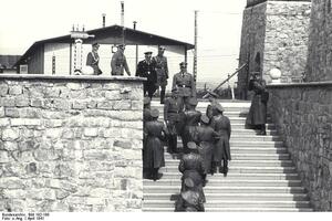 Wizyta Heinricha Himmlera w KL Mauthausen. Widoczni są m.in. Franz Ziereis (w środku, na schodach), Ernst Kaltenbruner oraz August Eigruber. Źródło: WikimediaCommons/ Bundesarchives