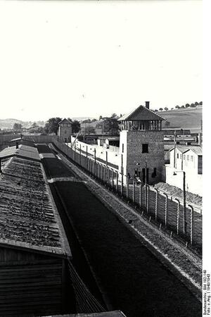 Widok na baraki oraz fragment północnego ogrodzenia Gusen z wieżami strażniczymi. Źródło: Wikimedia Commons/Bundesarchives