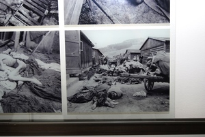 Fragment wystawy stałej w Memorial Gusen. Na wystawie widoczne są zdjęcia z wyzwolenia obozu. Zostały zrobione przez żołnierzy amerykańskich. Fot. Tomasz Cieślak