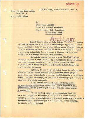 Pismo Koła Księży „Caritas” do przewodniczącego WRN w Zielonej Górze potępiające wydarzenia z 30 maja 1960 r.