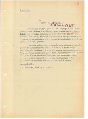 Pismo z 25 maja 1960 r. skierowane przez wiernych parafii św. Jadwigi do przewodniczącego Rady Państwa