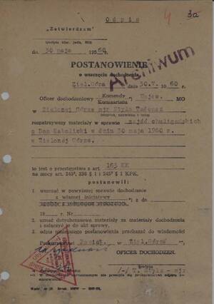 Postanowienie o wszczęciu dochodzenia w sprawie chuligańskich zajść 30 maja 1960 r.