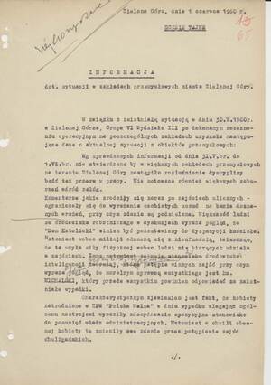 Informacja dot. sytuacji w zakładach przemysłowych Zielonej Góry po 30 maja 1960 r.