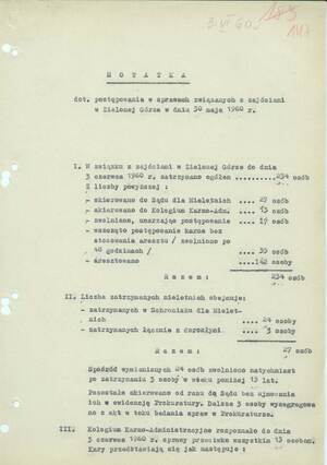 Pierwsza strona notatki służbowej dot. osób zatrzymanych na dzień 3 czerwca 1960 r.