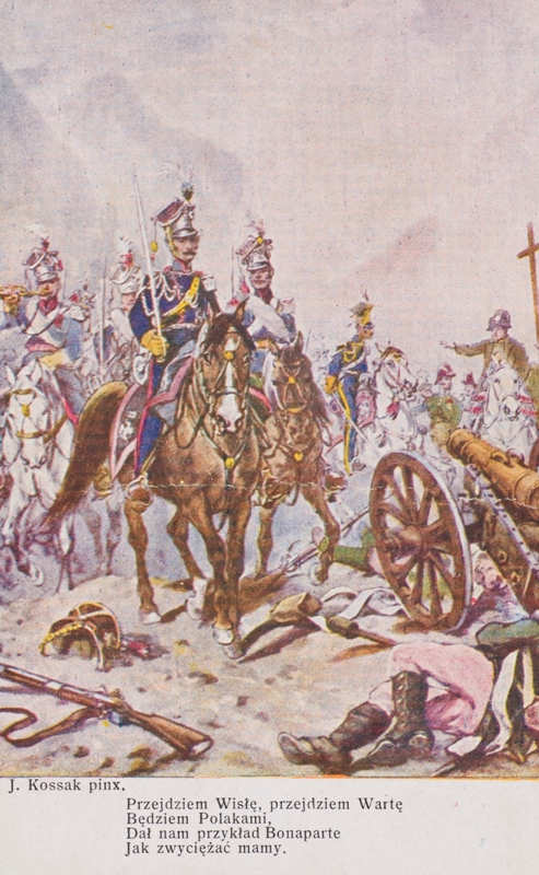 Karty pocztowe z obrazami Juliusza Kossaka ilustrującymi kolejne zwrotki „Pieśni Legionów”, pochodzącymi ze zbiorów Muzeum Hymnu w Będominie – oddziału Muzeum Narodowego w Gdańsku