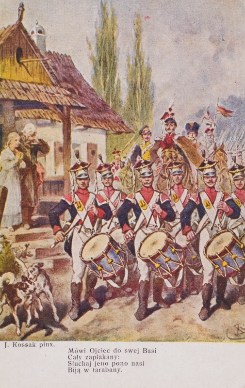 Karty pocztowe z obrazami Juliusza Kossaka ilustrującymi kolejne zwrotki „Pieśni Legionów”, pochodzącymi ze zbiorów Muzeum Hymnu w Będominie – oddziału Muzeum Narodowego w Gdańsku