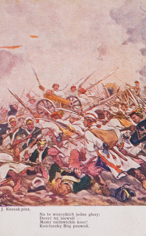 Karty pocztowe z obrazami Juliusza Kossaka ilustrującymi kolejne zwrotki „Pieśni Legionów”, pochodzącymi ze zbiorów Muzeum Hymnu w Będominie – oddziału Muzeum Narodowego w Gdańsku