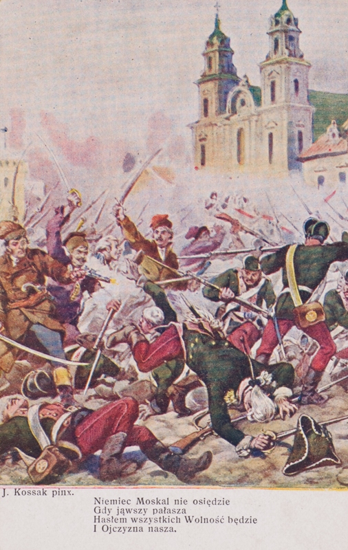 Karty pocztowe z obrazami Juliusza Kossaka ilustrującymi kolejne zwrotki „Pieśni Legionów”, pochodzącymi ze zbiorów Muzeum Hymnu w Będominie – oddziału Muzeum Narodowego w Gdańsku