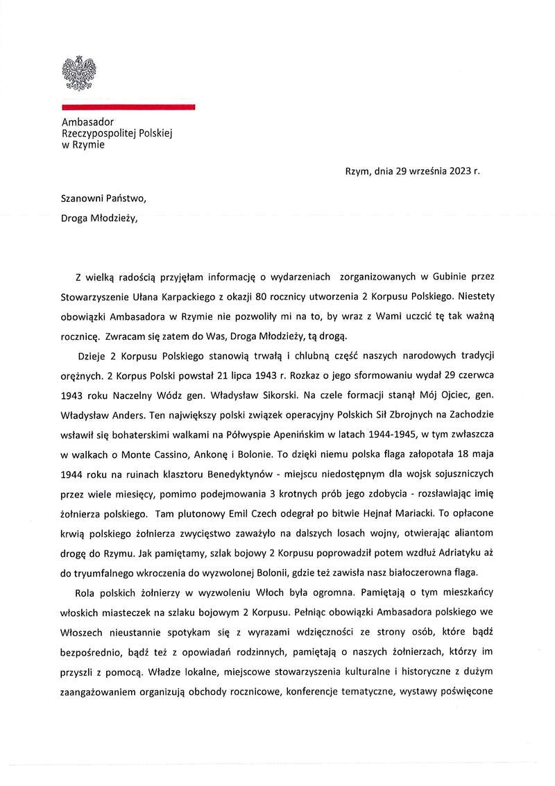 List Ambasador RP w Rzymie Anny Marii Anders do młodzieży