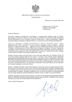 List Prezydenta RP Andrzeja Dudy